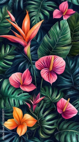 Vibrant tropical arrangement of large green monstera leaves with pink anthurium and orange heliconia flowers, lush and serene exotic foliage