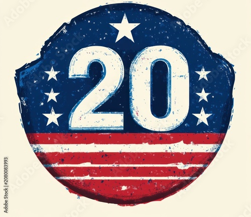 nostalgic distressed circular badge with large number 20, white stars on blue field and red stripes, vintage patriotic celebratory emblem