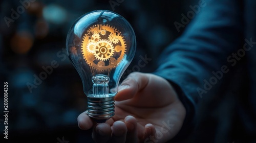 hand holding a glowing light bulb filled with golden mechanical gears against a dark blurred background, conveying innovation and creative inspiration