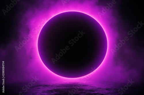 Eerie neon purple ring encircling a black void above reflective water with swirling mist, mysterious futuristic atmosphere