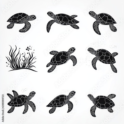Eight stylized sea turtles and one seaweed silhouette arranged in a three-by-three grid, calm playful swimming poses with scattered bubble details in black and white vector style