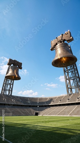Liberty Bell towers overlooking a soccer stadium field under clear skies, symbolizing freedom and patriotic sports.