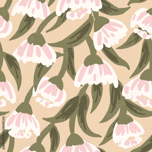 Pretty hand painted flower garden with eucalyptus flowers and leaves as a tropical maximalist garden design in colors of pink, off white, green on cream. Floral seamless vector pattern. Great for gift