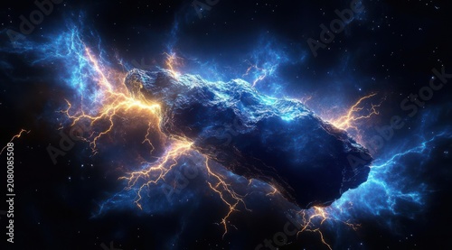 dark floating asteroid surrounded by blue plasma nebula and crackling golden lightning against a starry space backdrop, dramatic intense cosmic energy