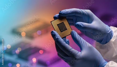 Laboratory technician showing a gold grid array on a microchip. Advanced electronic components design and manual inspection. Close-up of gloved hands presenting a high-performance computer processor