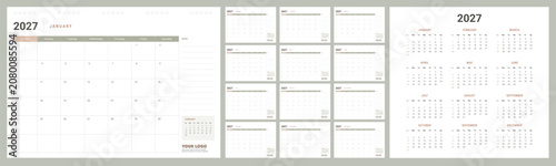 Calendar Planner 2027 in English language. Week start Sunday, corporate design planner template