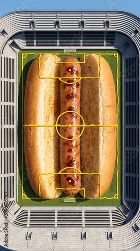 Independence day stadium aerial featuring giant hot dog soccer pitch.