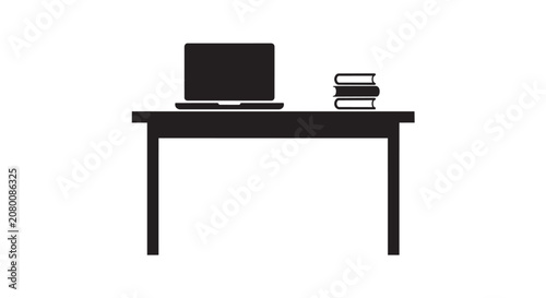 Office Desk With Laptop And Books Silhouette Icon