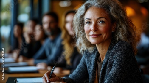 focused professional woman writing on a notepad during a meeting with colleagues seated in a row in a warm conference room, attentive collaborative atmosphere