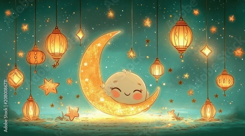 smiling moon face nestled in a glowing crescent surrounded by hanging lanterns, twinkling stars and soft clouds in a warm dreamy peaceful night scene