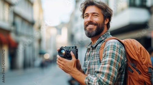 young man with camera and backpack on a city street, focused and curious while taking photos