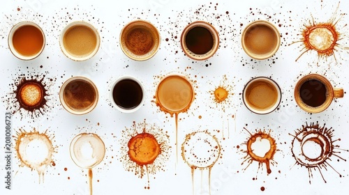 overhead view of arranged coffee cups with varied brown shades, circular stains, splatters and drips on white background conveying playful messy creative energy