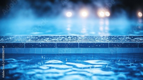 Nighttime swimming pool edge with rippling blue water, wet tiled ledge, rising mist and blurred lights creating a calm, tranquil atmosphere