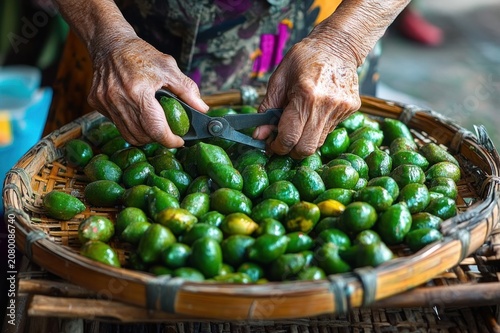 Elderly hands carefully trimming small glossy green fruits with pruning shears over a woven bamboo basket, an intimate scene of patient focused labor