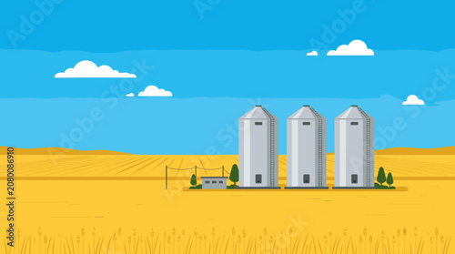 Three modern grain silos in a golden wheat field.