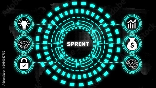 A glowing cyan circular diagram with the word sprint in the center and six surrounding icons representing business concepts.