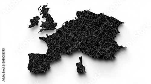 abstract dark fractured map shapes with intricate web-like network texture on white background, isolated island pieces casting soft shadows, mysterious contemplative mood