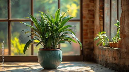 Indoor plant in teal pot by window