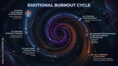 Emotional burnout cycle spiral infographic.