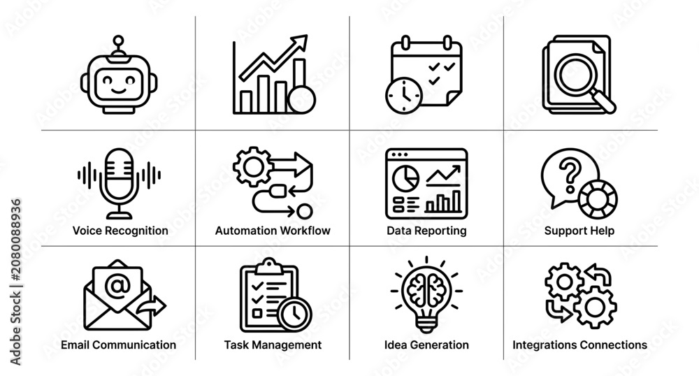 Fototapeta premium Flat Line Art Icons of Business and Technology Concepts in Monochrome Vector Style