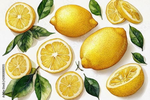 bright arrangement of whole lemons, lemon halves and sliced citrus with green leaves on a white background, evoking fresh zesty and cheerful summer energy