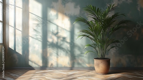 Peaceful interior room with plant and sunlight