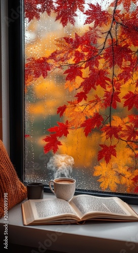 cozy rainy autumn windowsill with steaming mug and small dark cup beside an open book, knitted cushion, red maple leaves and raindrops outside creating a warm peaceful contemplative mood