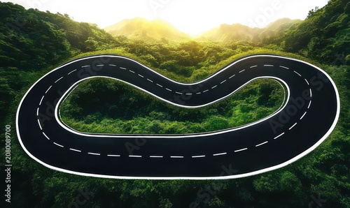 twisting elevated asphalt loop with dashed lane markings floating above a lush green forest and sunlit mountains, serene and surreal morning scene