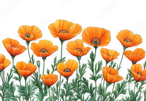 bright orange poppies with feathery green foliage on a clean white background, delicate blooming petals conveying a cheerful and uplifting botanical illustration