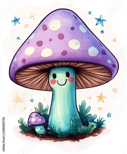 cheerful purple spotted mushroom with smiling face and teal stem, small companion mushroom nestled in green foliage with sparkling stars, whimsical and friendly