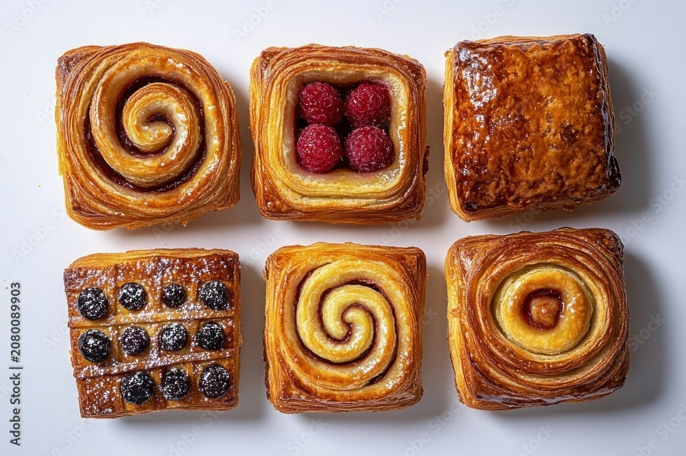 Fototapeta premium Six golden square flaky pastries on white background: three spiral swirls, one with three raspberries, one glazed square and one topped with a grid of blueberries; inviting and indulgent