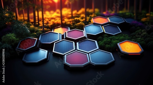 Glowing hexagonal panels arranged on a forest floor among trees at golden sunset, futuristic modular installation with warm, serene and mysterious atmosphere