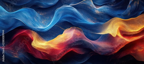 flowing silk-like ribbons of blue, red and gold with shimmering particles conveying dynamic, elegant and luminous motion
