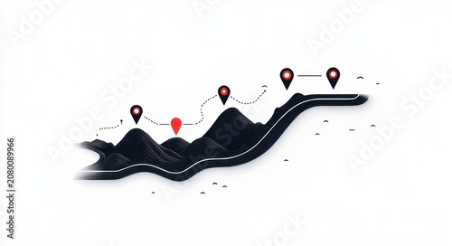 Minimalist layered black hills and ridges with red location pins connected by a dotted route, abstract map-like landscape evoking exploration and forward direction