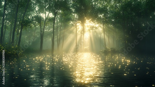 Misty forest sunlight on water
