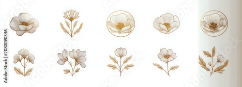 Delicate golden botanical line drawings of stylized flowers and buds, some within thin circular frames, arranged in two rows on a white background conveying an elegant, calm mood