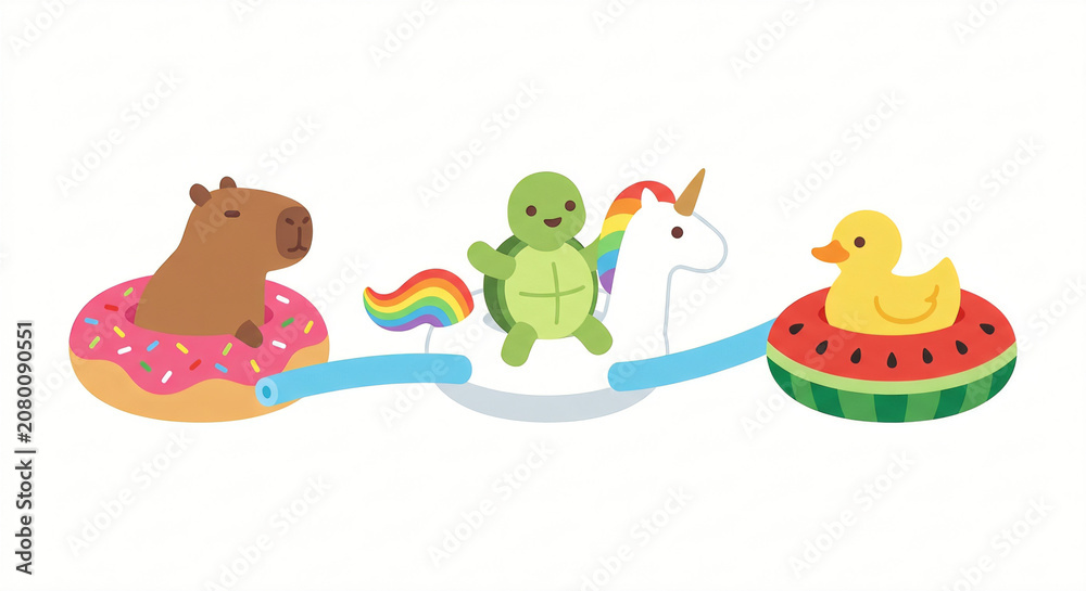 Fototapeta premium Kawaii Animals on Summer Pool Floats Vector Illustration Isolated