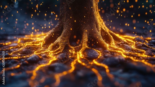 Tree trunk and exposed roots glowing like molten gold across wet stones with floating embers, evoking warmth and mystical wonder