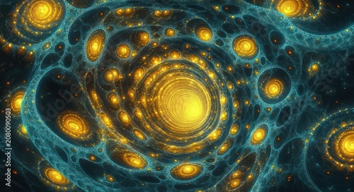 mesmerizing spiral of glowing golden orbs nested in a turquoise lace web, a cosmic tunnel of light with shimmering stellar speckles evoking awe and wonder
