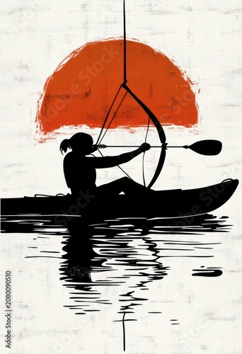 silhouette of an archer in a kayak aiming a paddle-shaped arrow toward a large red setting sun over reflective water, evoking calm focus and tension