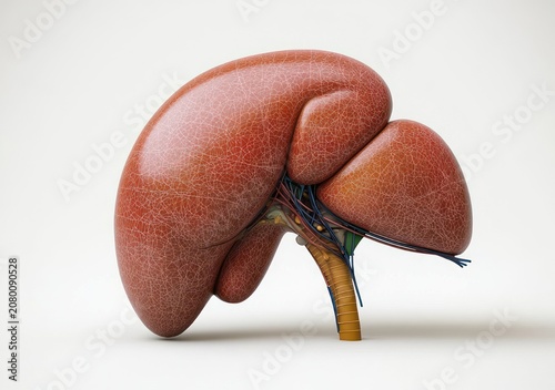 Realistic anatomical model of a human liver with visible lobes, textured surface, attached bile ducts and vascular structures on a neutral background conveying clinical calm