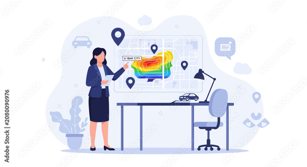 Fototapeta premium Businesswoman presenting urban analytics and data visualization on a city map with heat map and location pins
