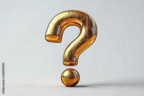 golden textured question mark standing on a neutral background with reflective metallic surface, evoking curiosity and mystery