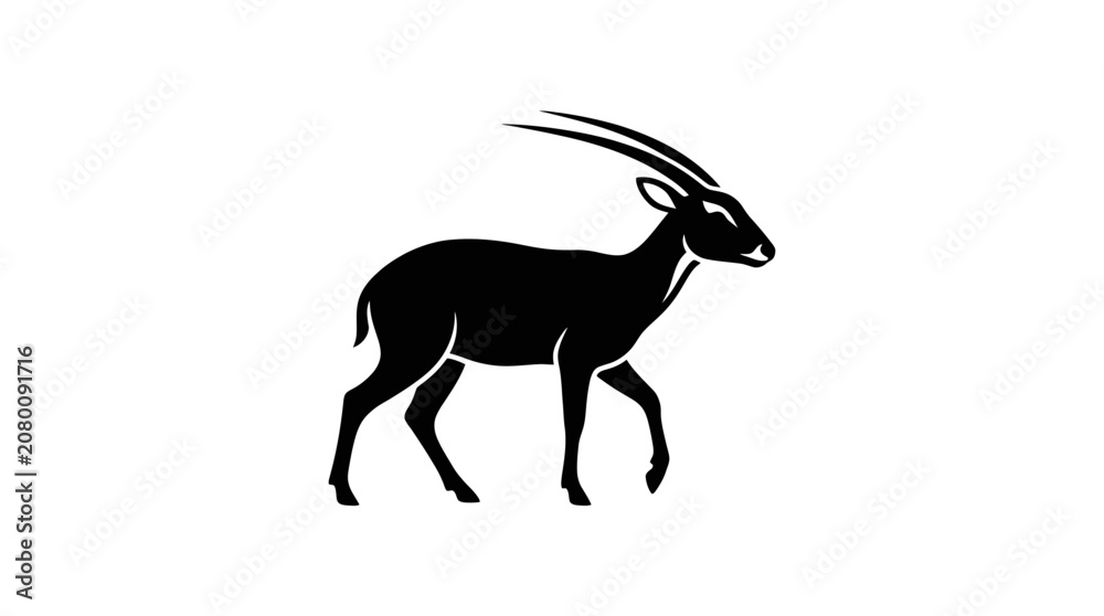 Fototapeta premium Black silhouette of an antelope with long horns on white background