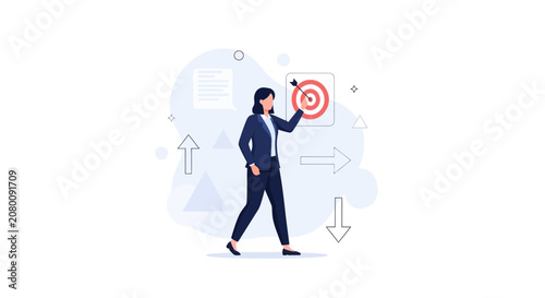 Businesswoman hitting target with arrow, strategy, success, goals, ambition, and achievement concept