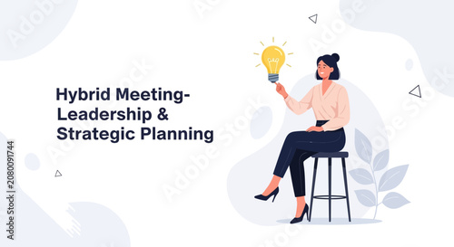 Businesswoman holding a glowing light bulb, symbolizing idea and innovation during a hybrid meeting, leadership, and strategic planning.