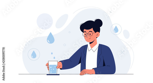 Businesswoman in glasses drinking water, promoting healthy lifestyle and hydration, vector illustration