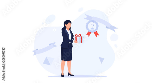 Businesswoman holding gift box, receiving second place award medal and ribbon, abstract background, concept of achievement and recognition