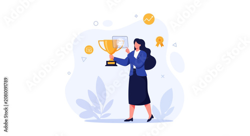 Businesswoman holding trophy and interacting with digital interface, symbolizing success, achievement, and goal accomplishment.