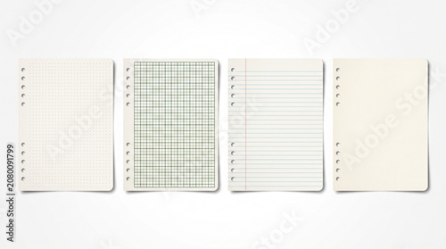 Fotografija Set of loose-leaf notebook paper pages including dotted, graph grid, lined, and blank sheets with binder holes, office stationery mockup template for planning and journaling, cream paper texture